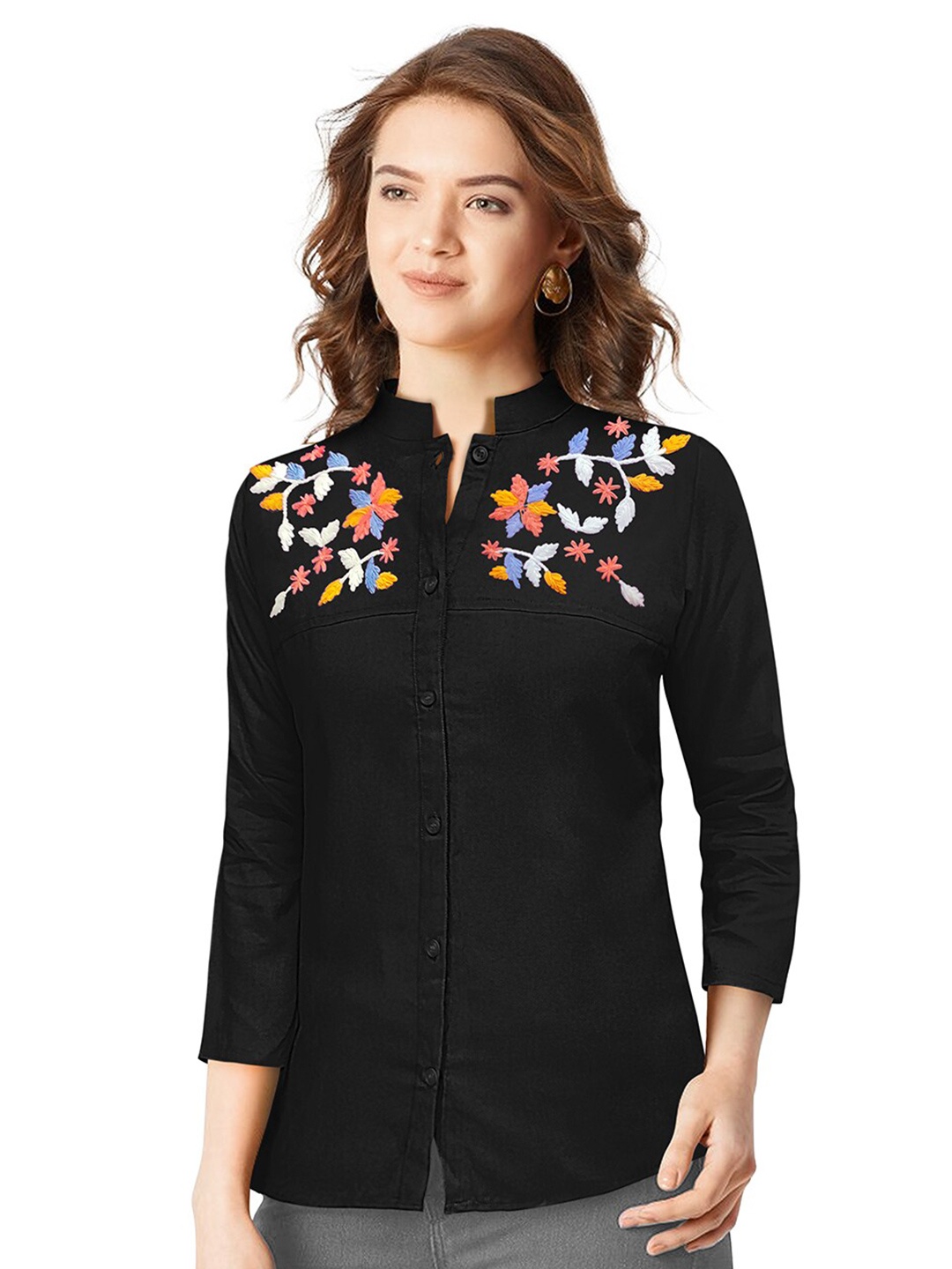 

Sitanjali Floral Mandarin Collar Top, Black