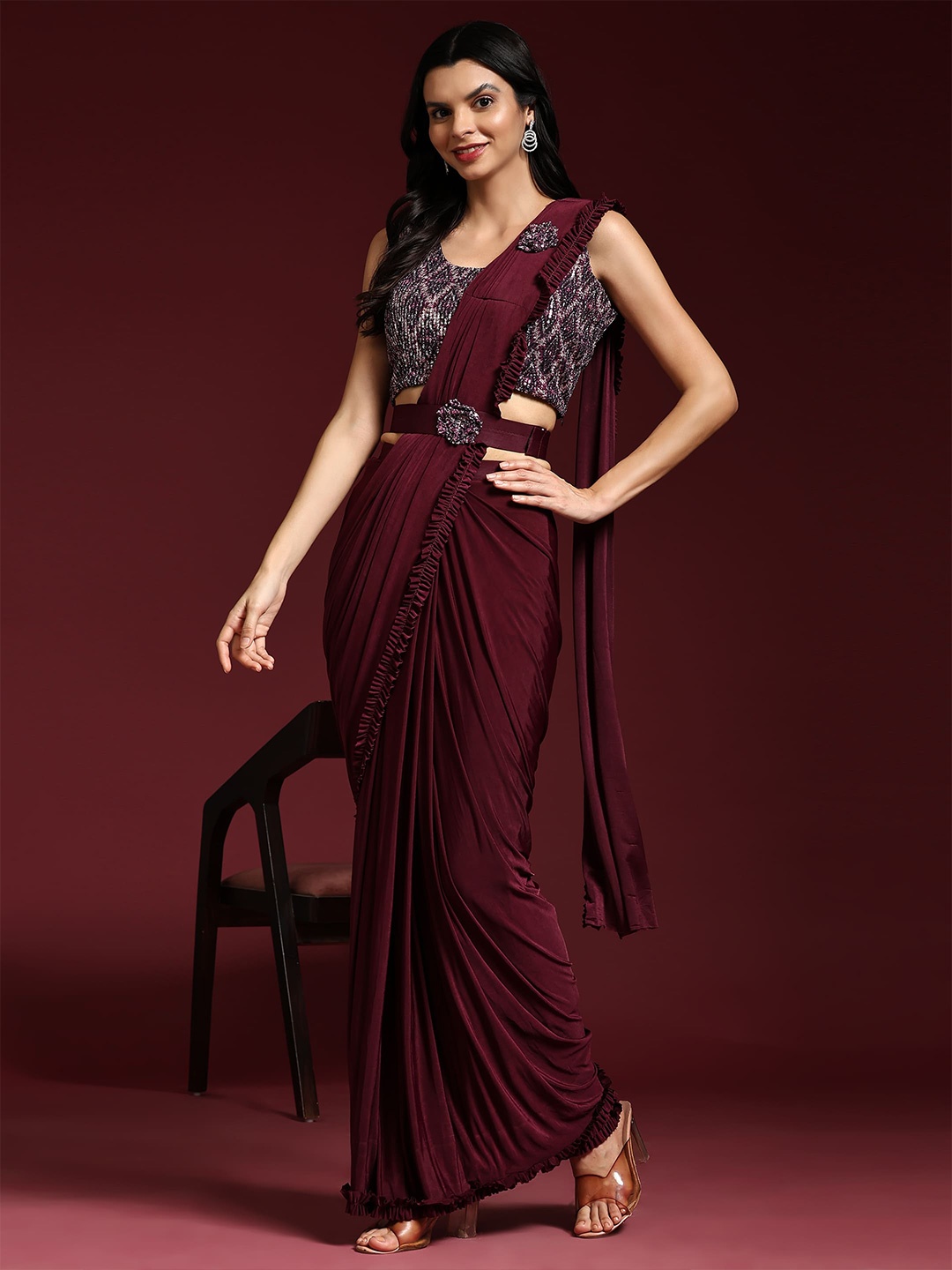 

AMOHA TRENDZ Lycra Pre-Stitched Ready to Wear Saree, Purple