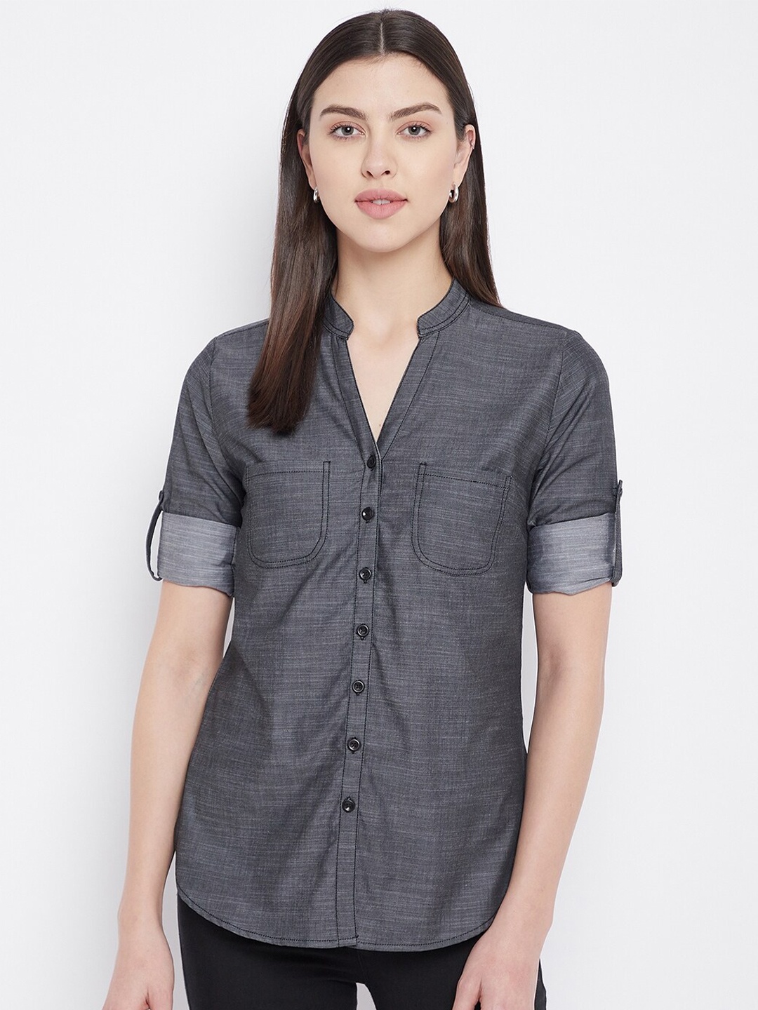 

Ruhaans Classic Mandarin Collar Roll-Up Sleeves Denim Casual Shirt, Grey