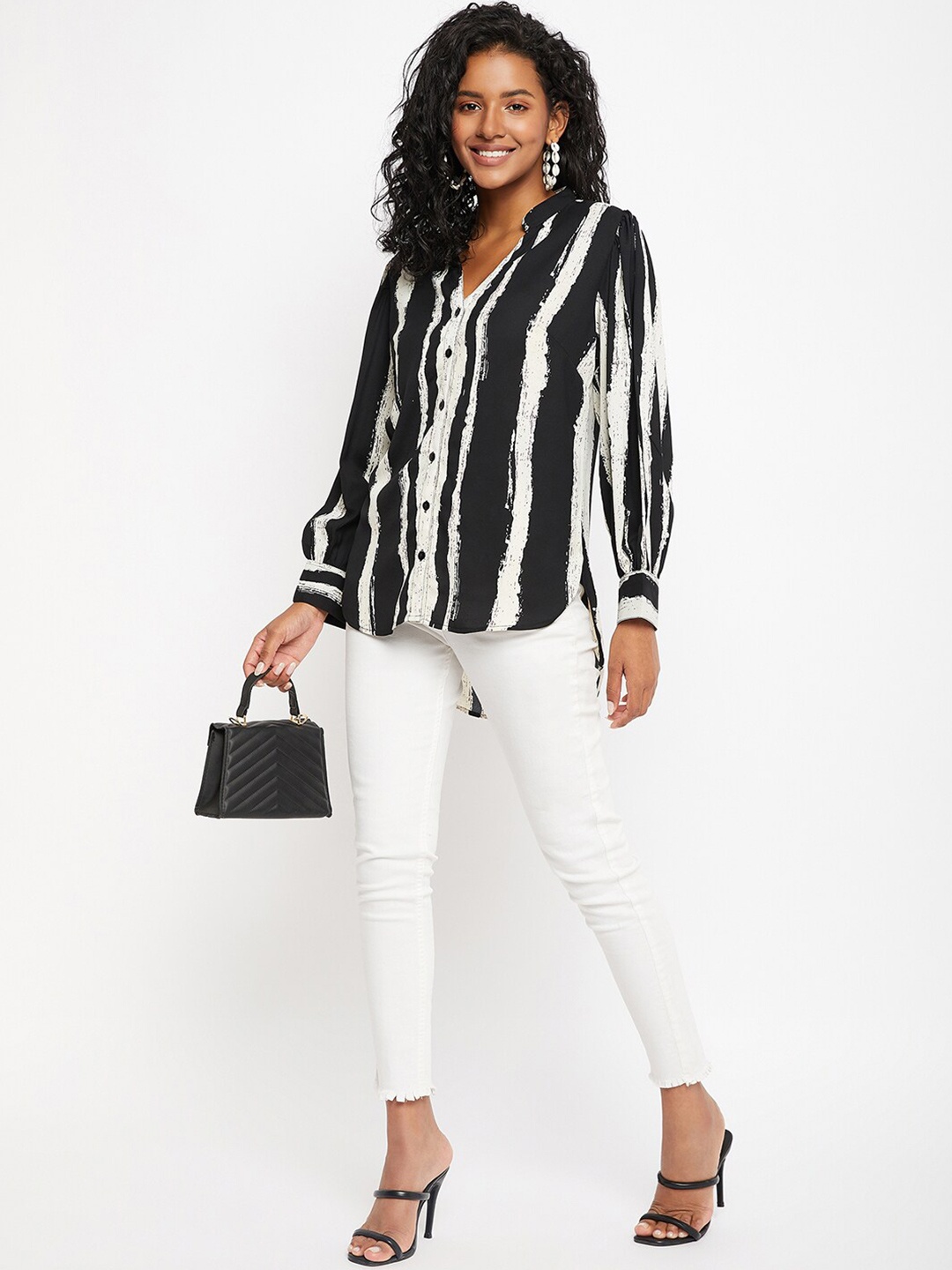 

Ruhaans Classic Striped Mandarin Collar Opaque Casual Shirt, Black