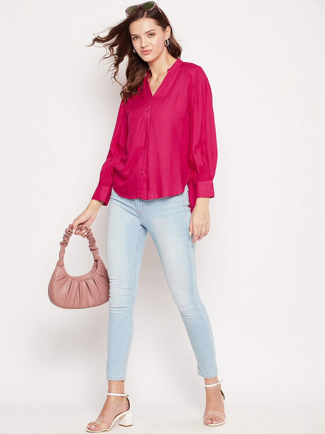 

Ruhaans Classic Mandarin Collar Long Sleeves Opaque Casual Shirt, Fuchsia