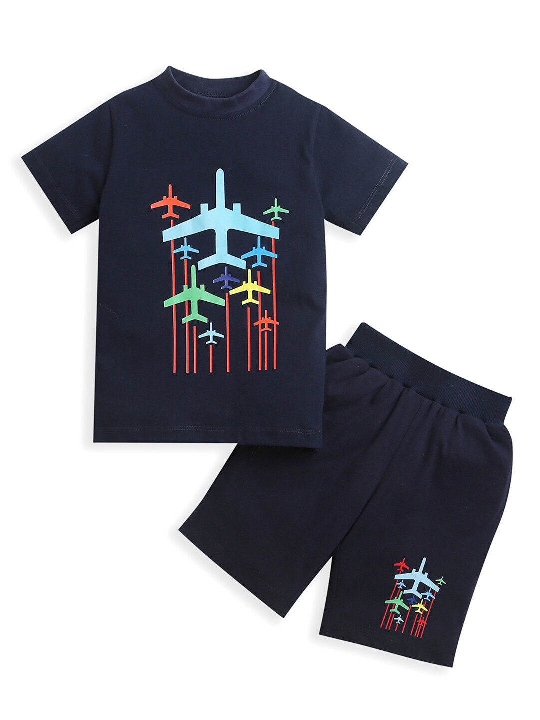 

ZIP ZAP ZOOP Boys Printed Pure Cotton T-shirt with Shorts, Navy blue