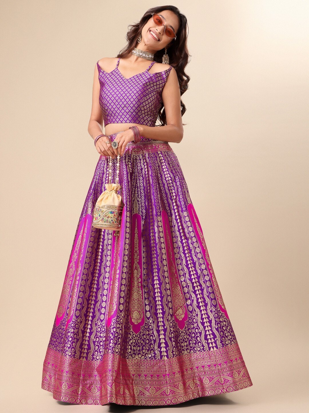 

KALINI Ready to Wear Lehenga & Unstitched Blouse With Dupatta, Purple
