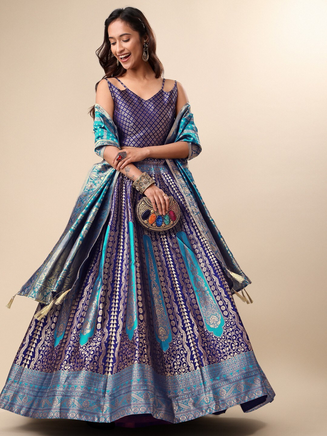 

KALINI Ready to Wear Lehenga & Unstitched Blouse With Dupatta, Blue