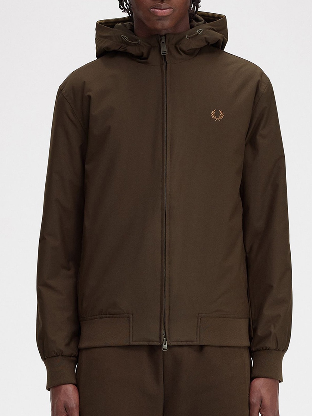 

Fred Perry Hooded Neck Long Sleeves Zip Detail Longline Bomber Jacket, Brown
