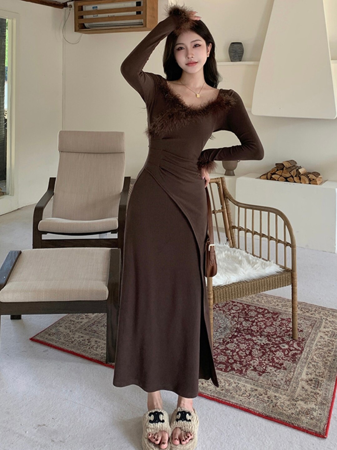 

Stylecast X KPOP Brown Long Sleeves A Line Maxi Dress