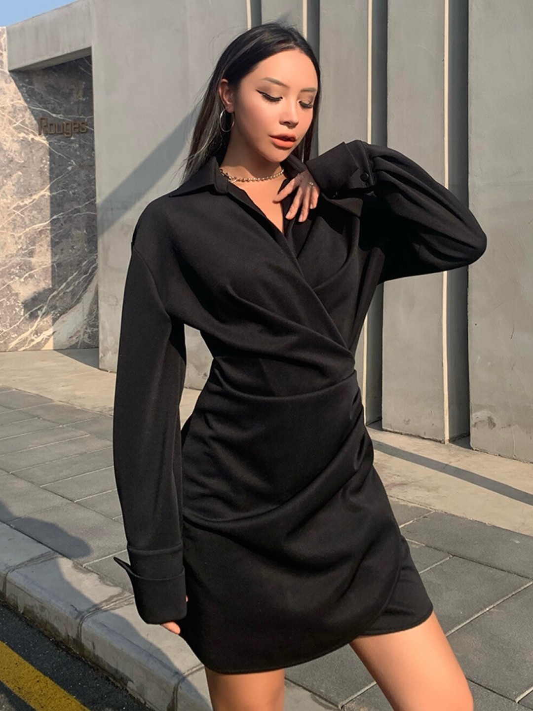 

Stylecast X KPOP Black Shirt Collar Wrap Mini Dress