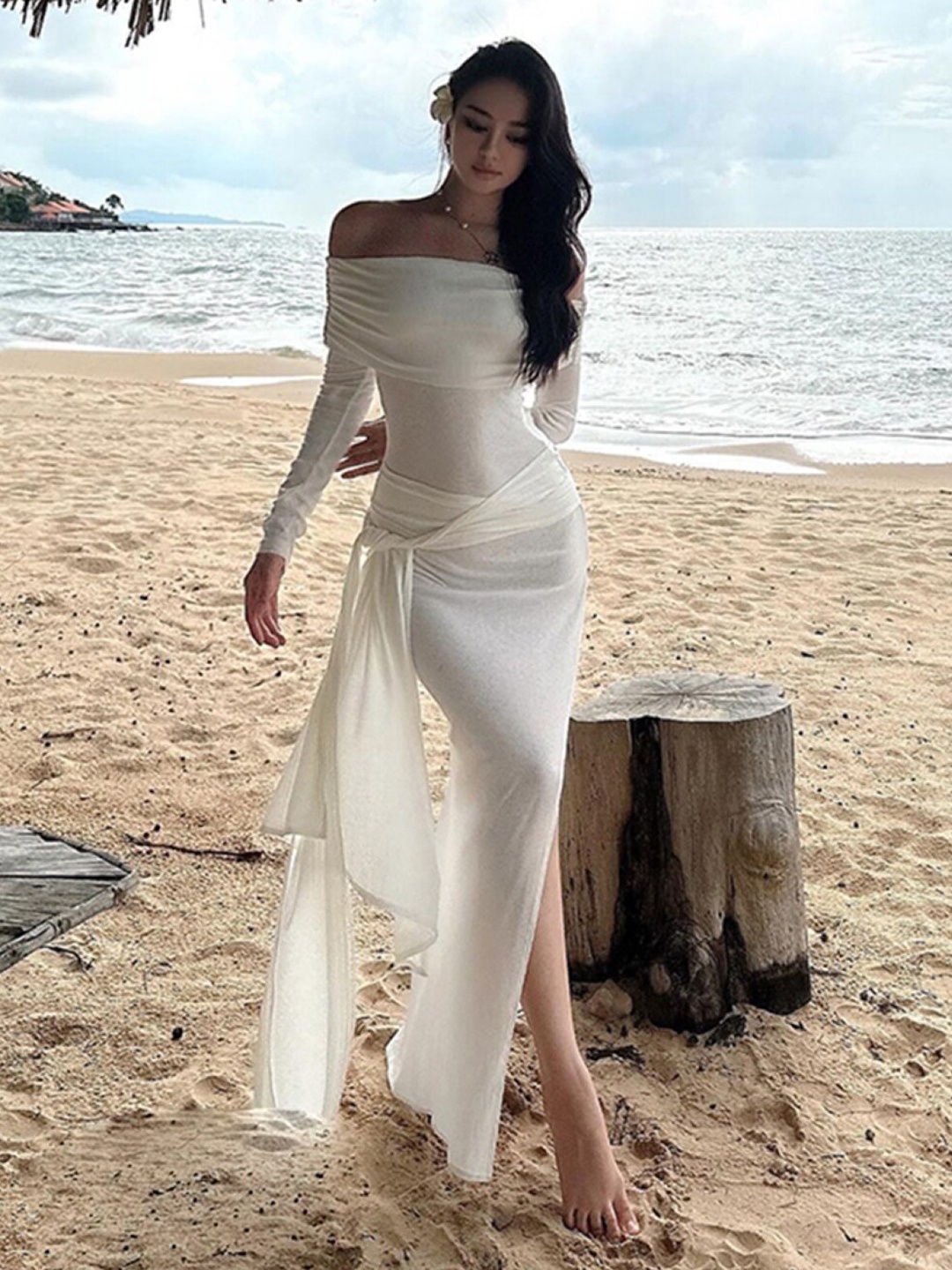 

Stylecast X KPOP White Off-Shoulder Long Sleeves Maxi Dress
