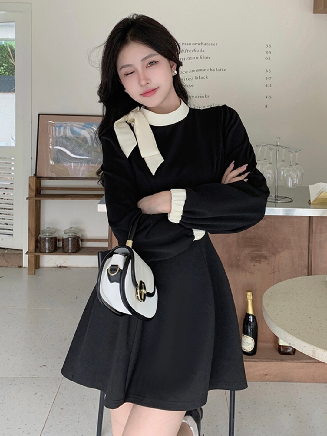 

Stylecast X KPOP Tie-Up Neck Puff Sleeves Fit & Flare Mini Dress, Black