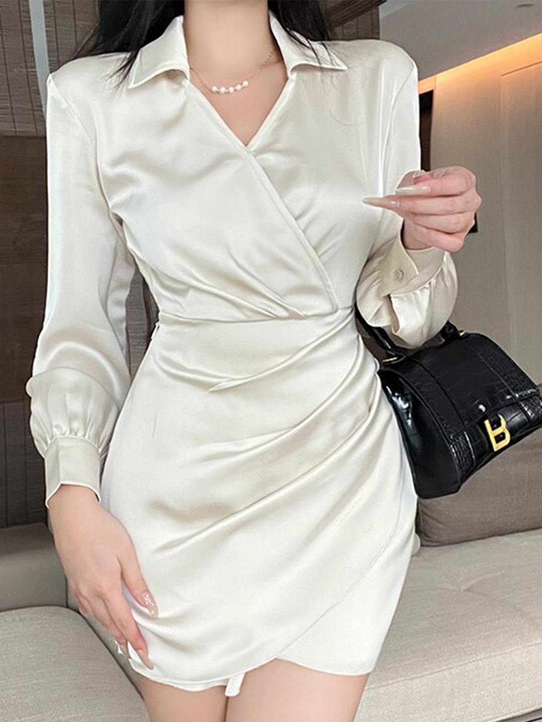 

Stylecast X KPOP Cream Coloured Shirt Collar Wrap Mini Dress