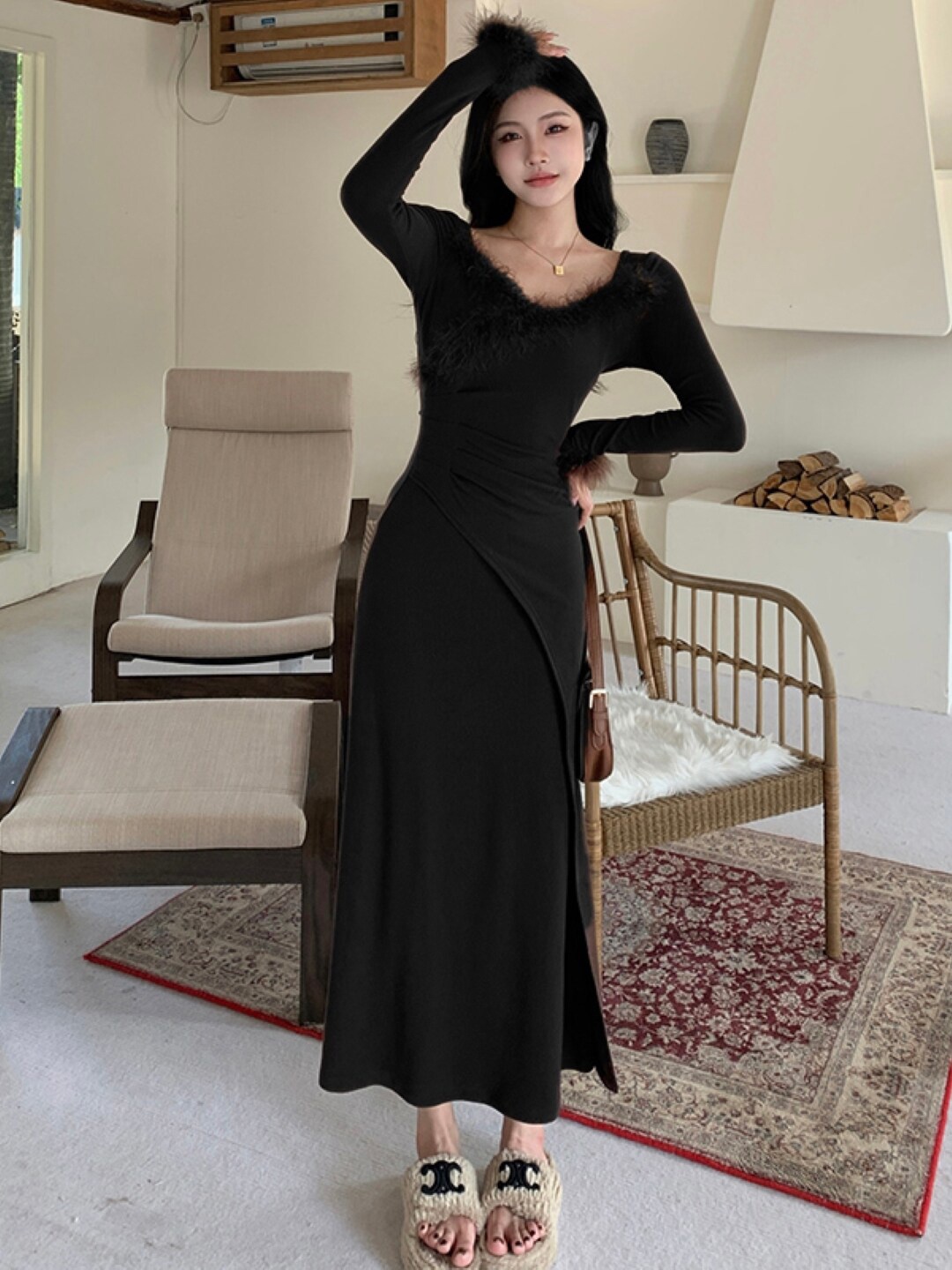 

Stylecast X KPOP Black Round Neck Sheath Maxi Dress