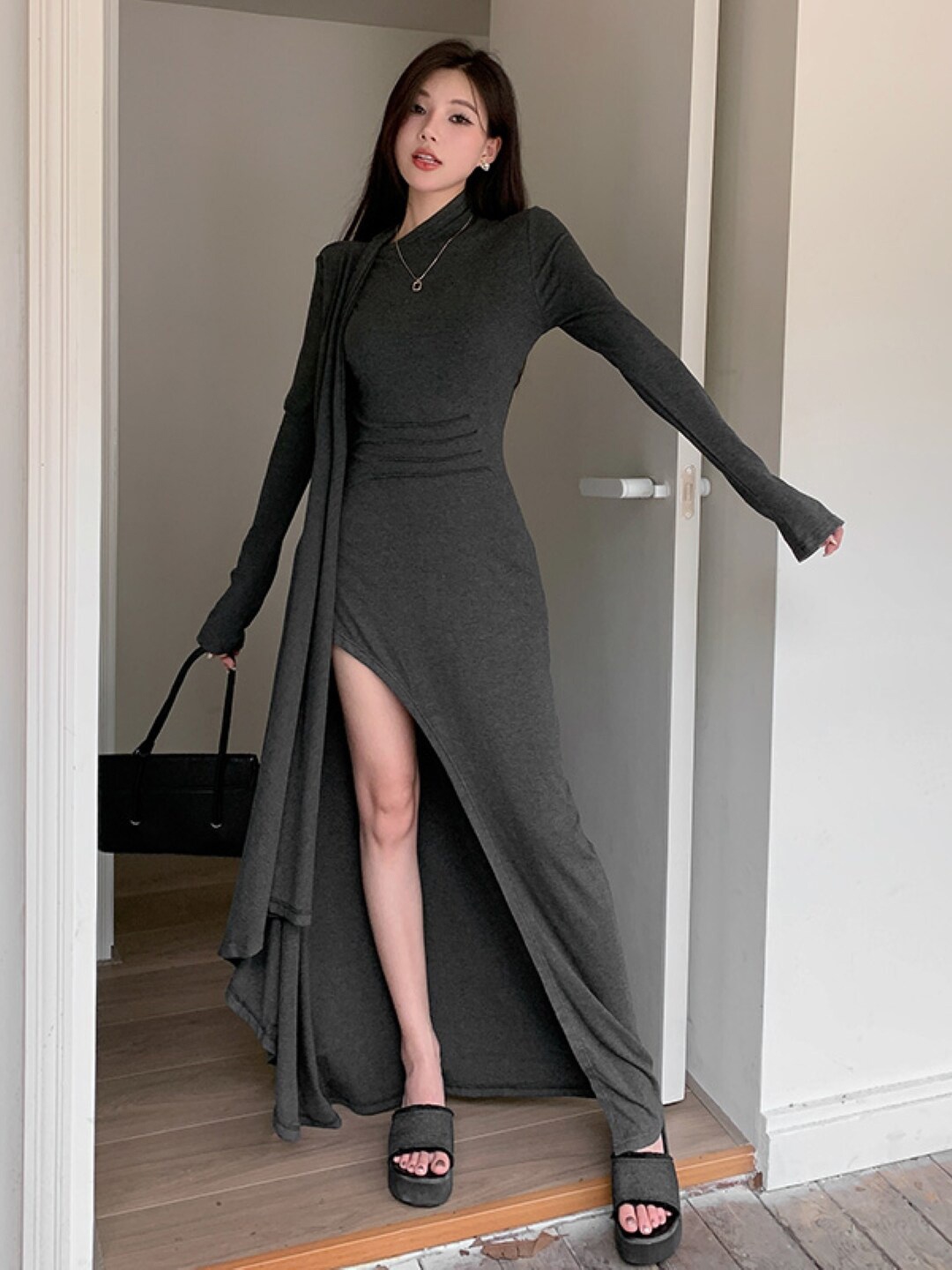 

Stylecast X KPOP Grey Asymmetric Neck Maxi Bodycon Dress