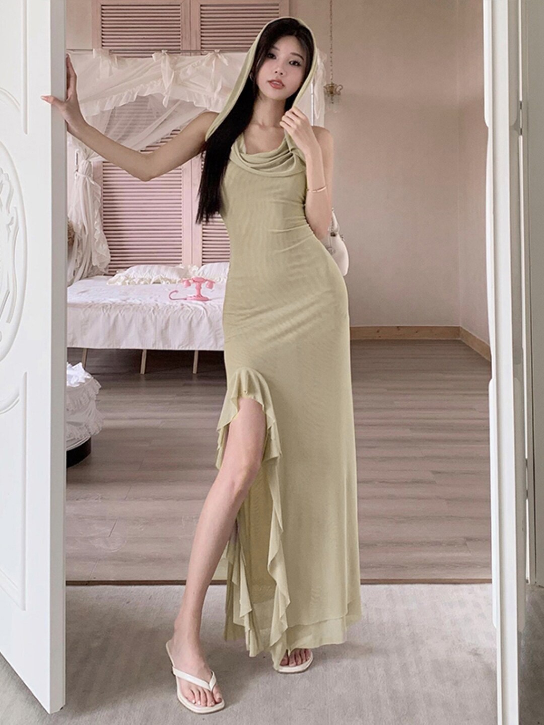 

Stylecast X KPOP Hooded Ruffles Bodycon Maxi Dress, Cream
