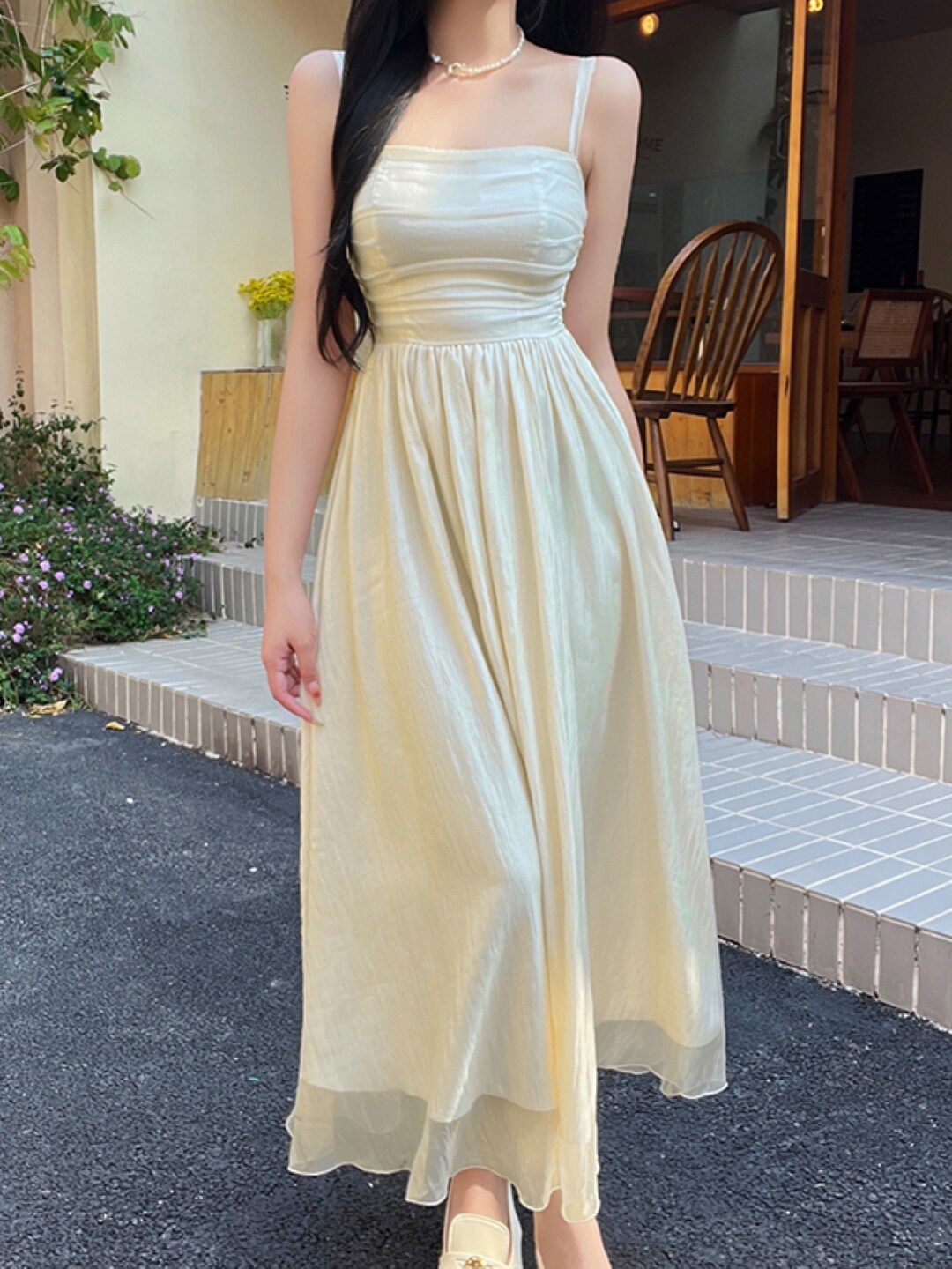 

Stylecast X KPOP Shoulder Straps A-Line Maxi Dress, Cream