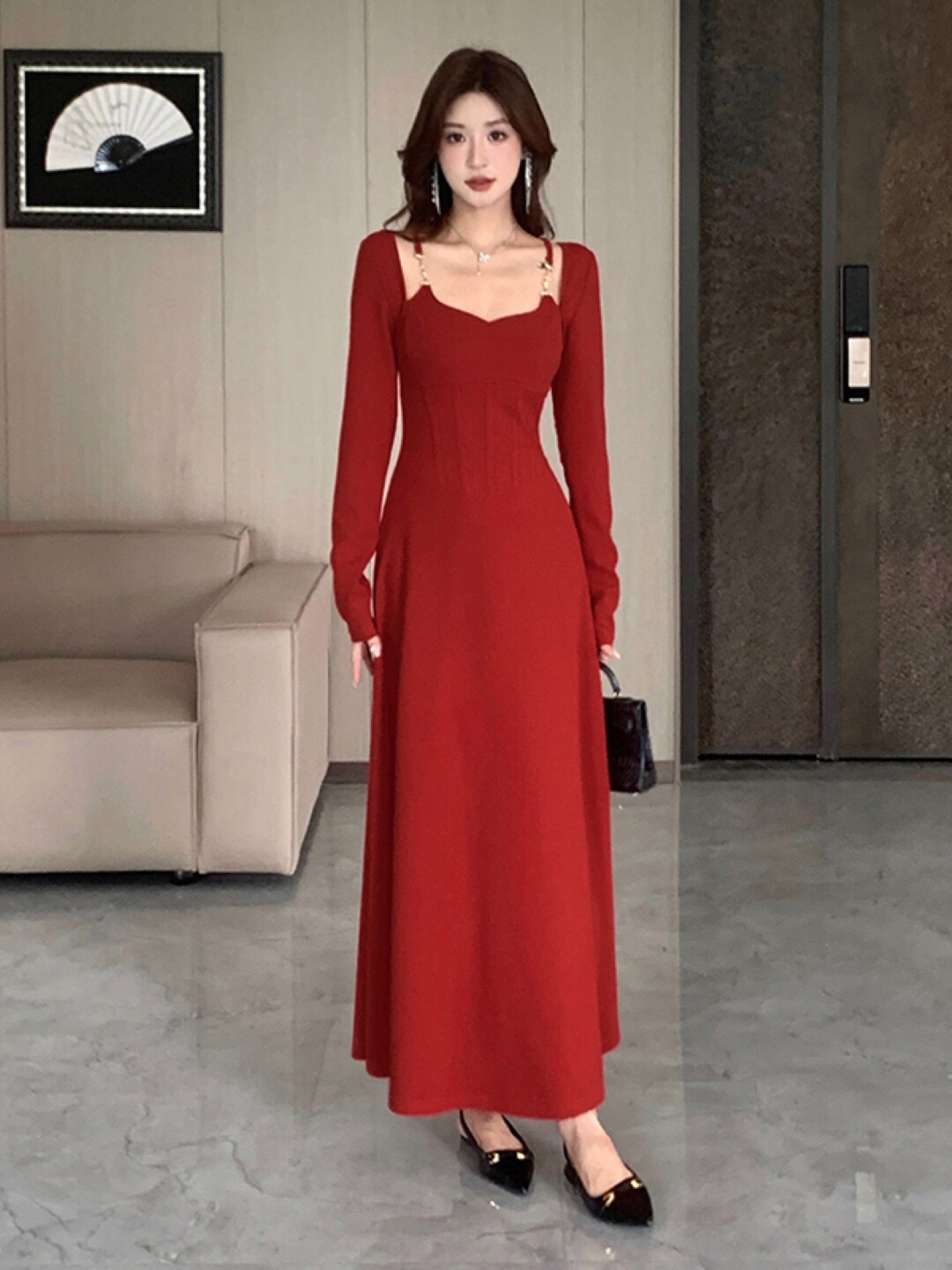 

Stylecast X KPOP Sweetheart Neck A-Line Maxi Dress, Red