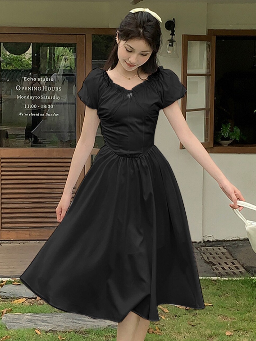 

Stylecast X KPOP Puff Sleeves Fit & Flare Midi Dress, Black