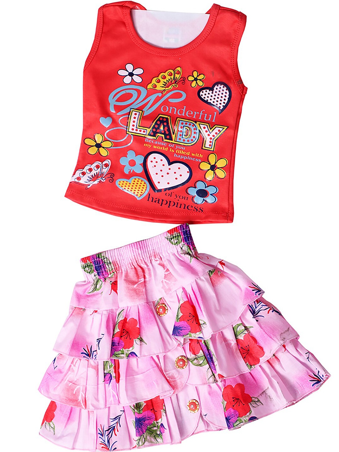 

BAESD Girls Typographic Printed Pure Cotton Top With Skirt, Red