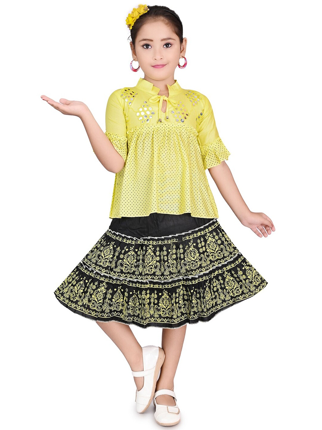 

BAESD Girls Printed Mandarin Collar Pure Cotton Top With Skirt, Yellow