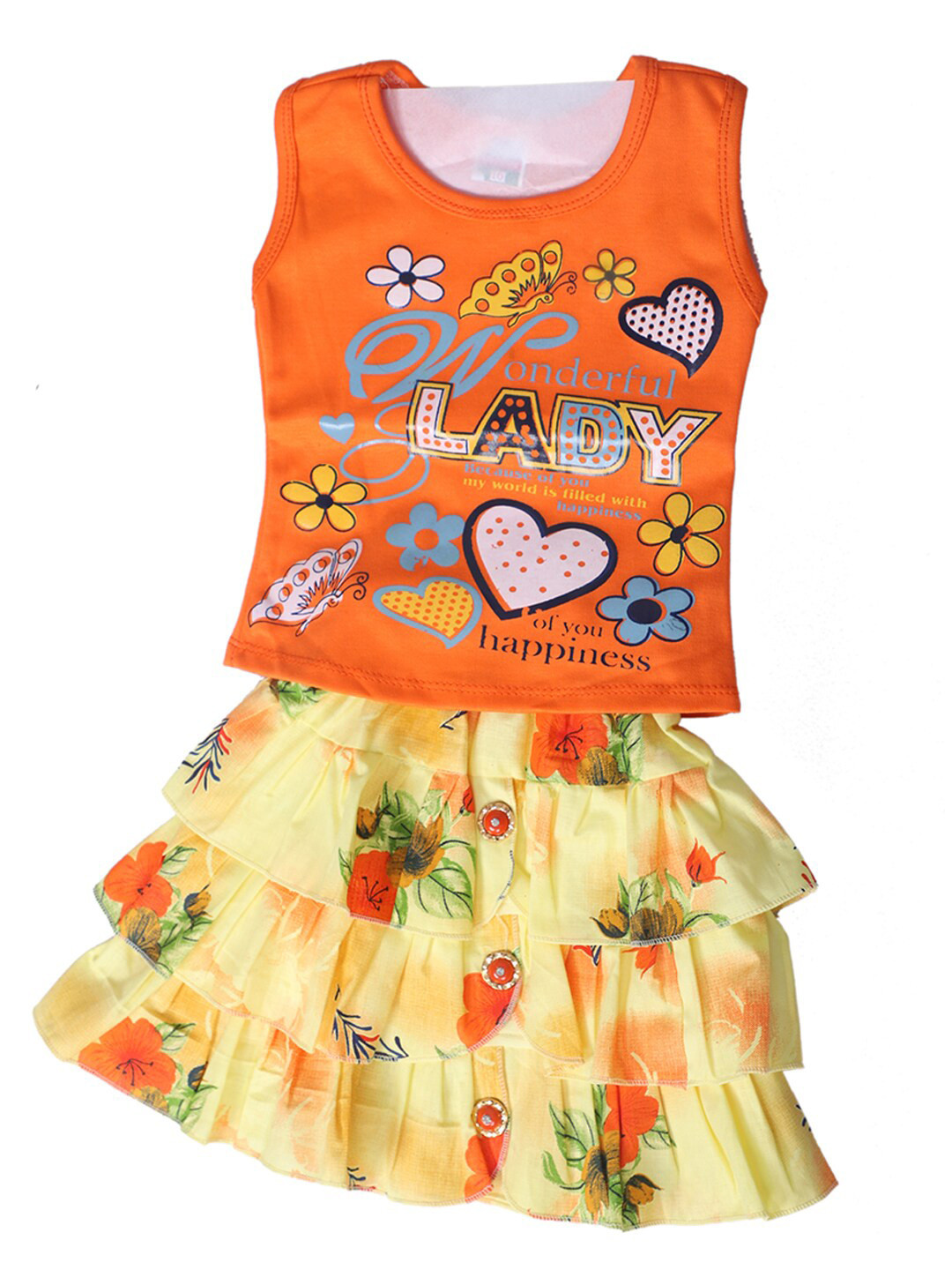 

BAESD Girls Typography Printed Sleeveless Pure Cotton Top With Skirt, Yellow