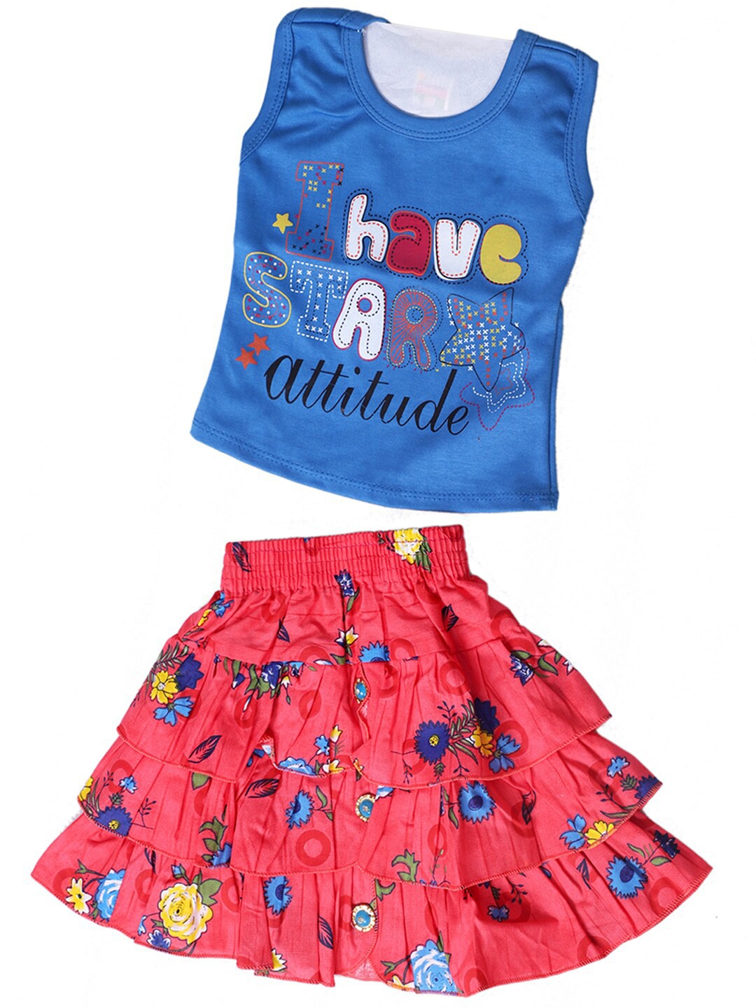 

BAESD Girls Graphic Printed Pure Cotton Top With Skirt, Blue