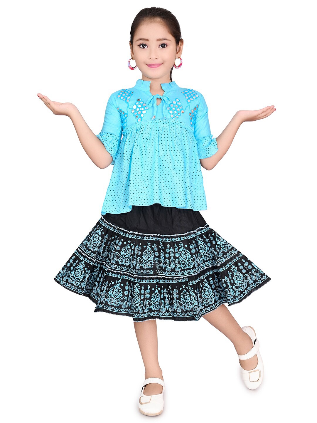 

BAESD Girls Printed Pure Cotton Top with Skirt, Turquoise blue