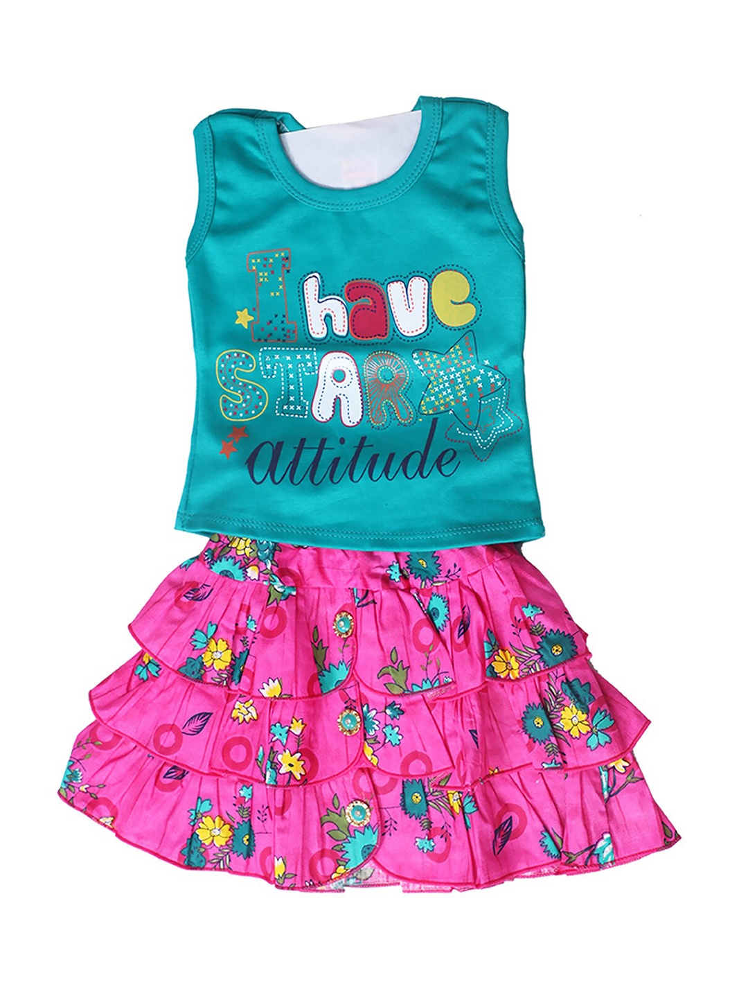 

BAESD Girls Typographic Printed Pure Cotton Top With Skirt, Turquoise blue