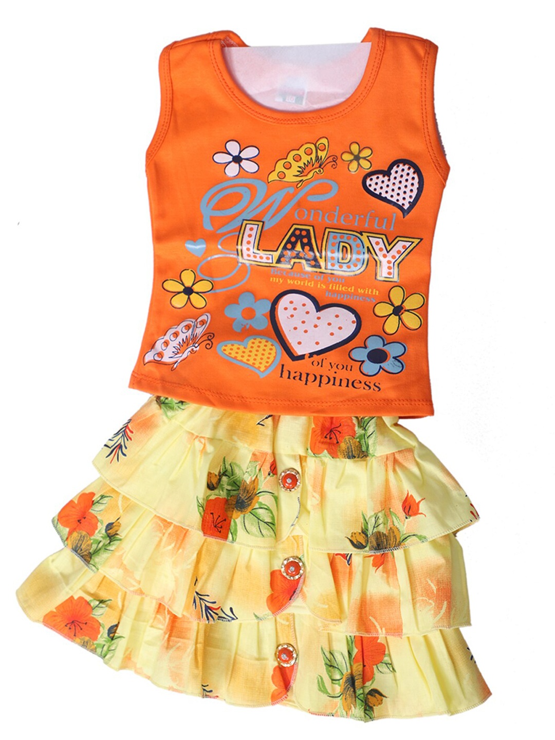 

BAESD Girls Printed Sleeveless Pure Cotton Top With Skirt, Yellow