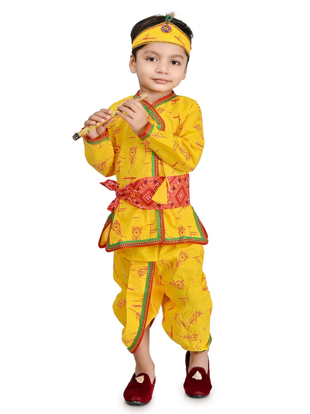 

BAESD Boys Printed Pure Cotton Shirt With Dhoti Pant 5 Pieces Krishna Costume Wear, Yellow