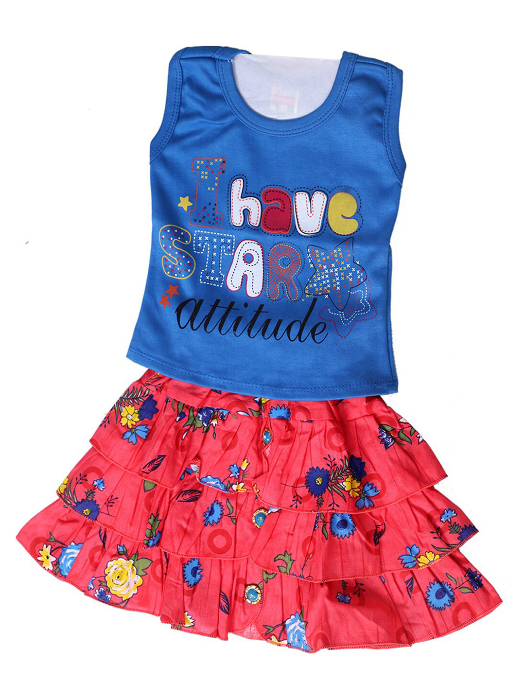 

BAESD Girls Printed Pure Cotton Top With Skirt, Blue