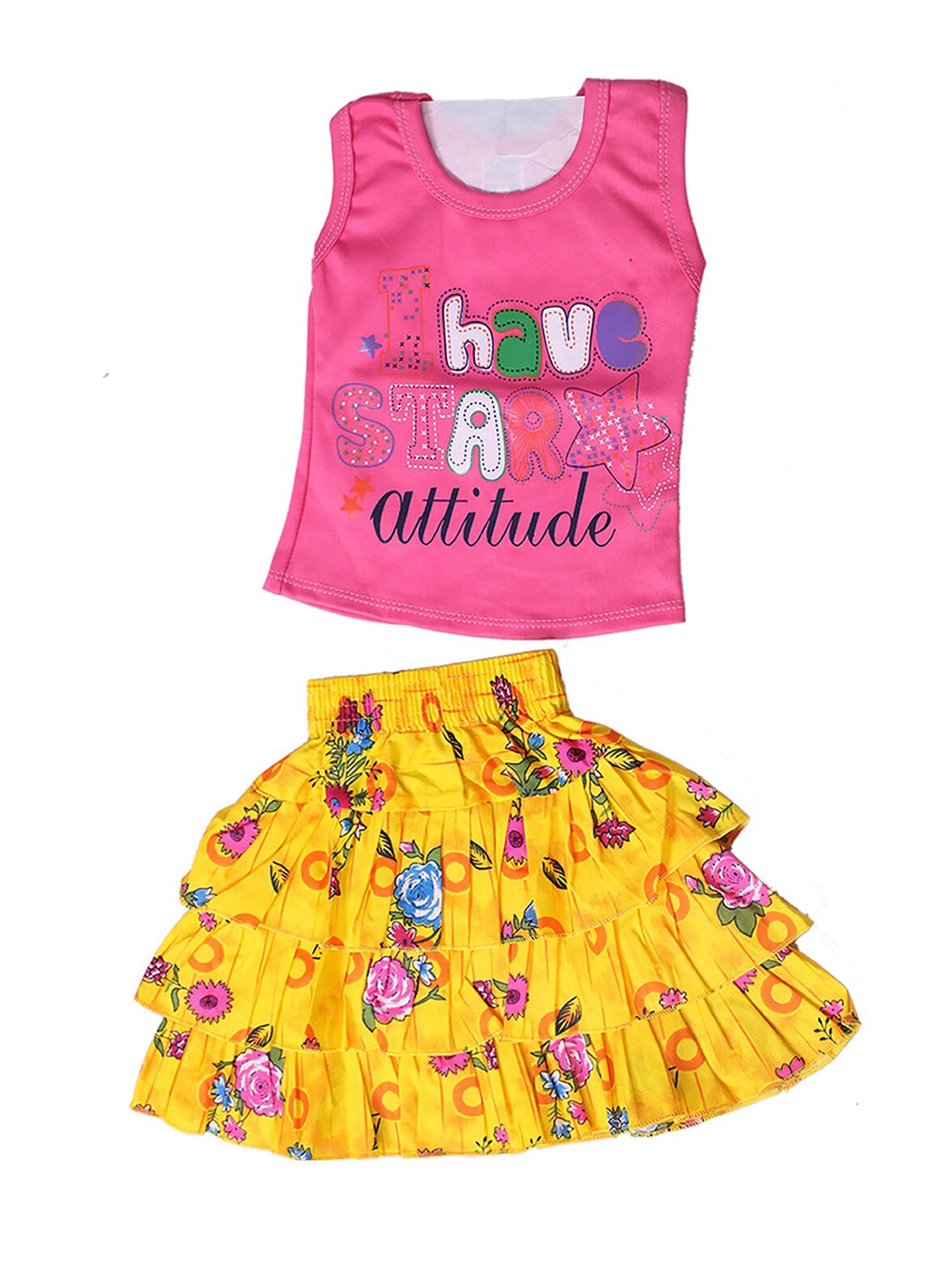 

BAESD Girls Typography Printed Sleeveless Pure Cotton Top With Skirt, Pink