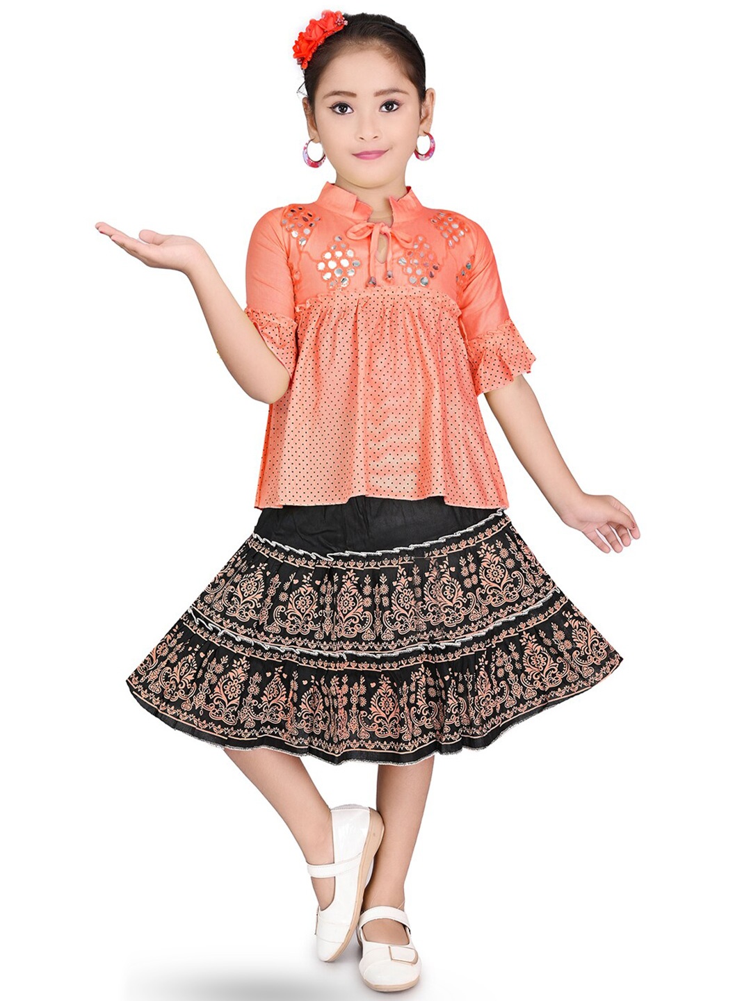

BAESD Girls Printed Pure Cotton Top with Skirt, Peach