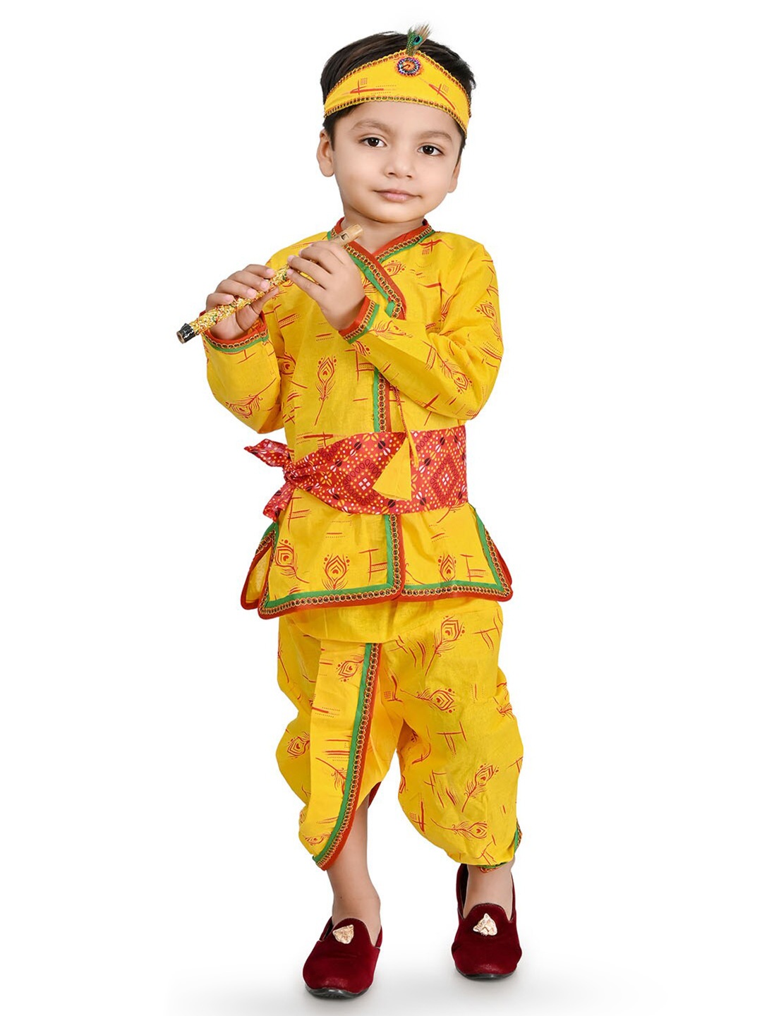 

BAESD Infant Boys God Krishna Print Pure Cotton Shirt with Dhoti Pants, Yellow