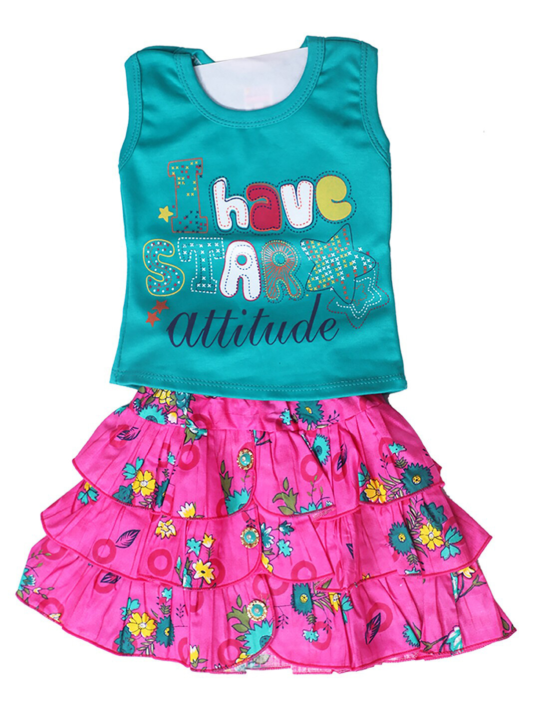

BAESD Girls Typography Printed Sleeveless Pure Cotton Top With Skirt, Turquoise blue