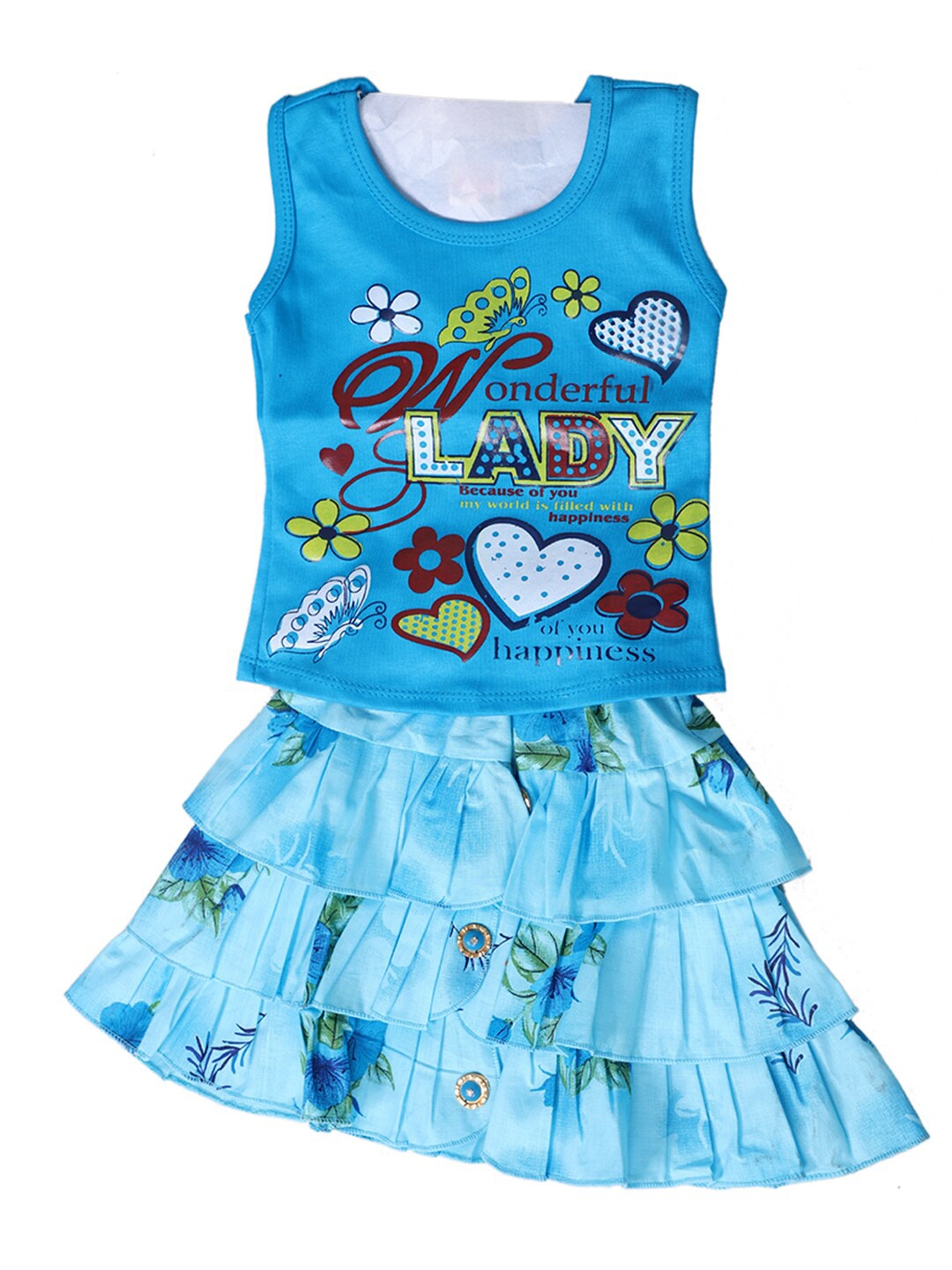 

BAESD Girls Printed Pure Cotton Top With Skirt, Turquoise blue
