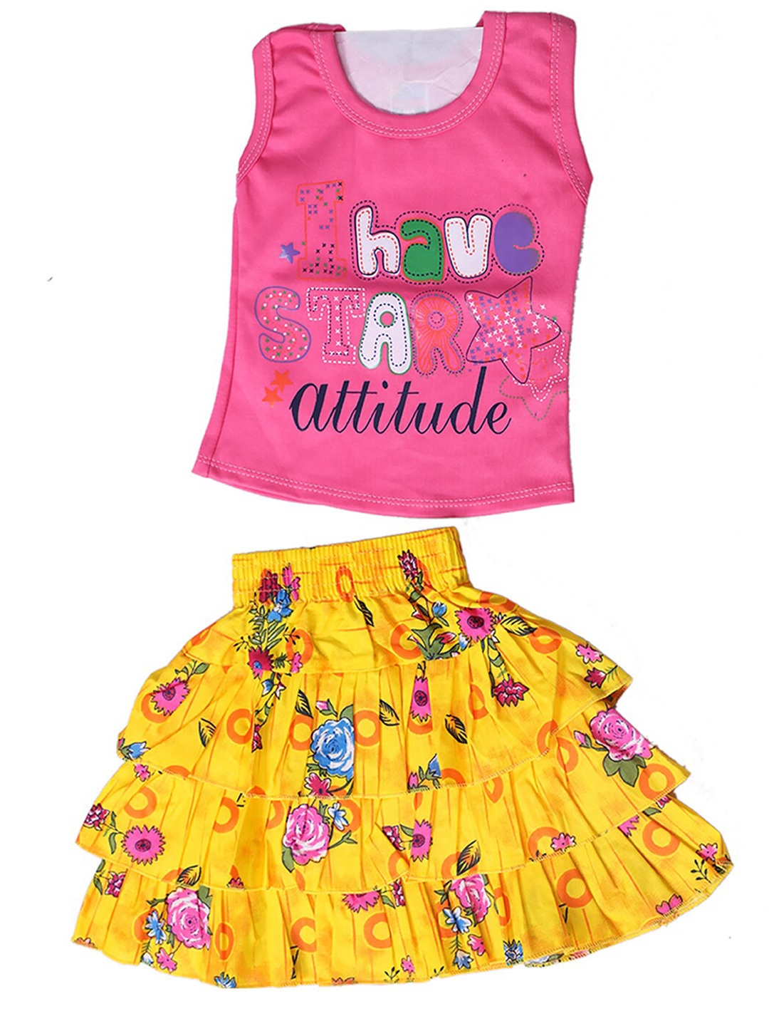 

BAESD Girls Typographic Printed Pure Cotton Top With Skirt, Pink