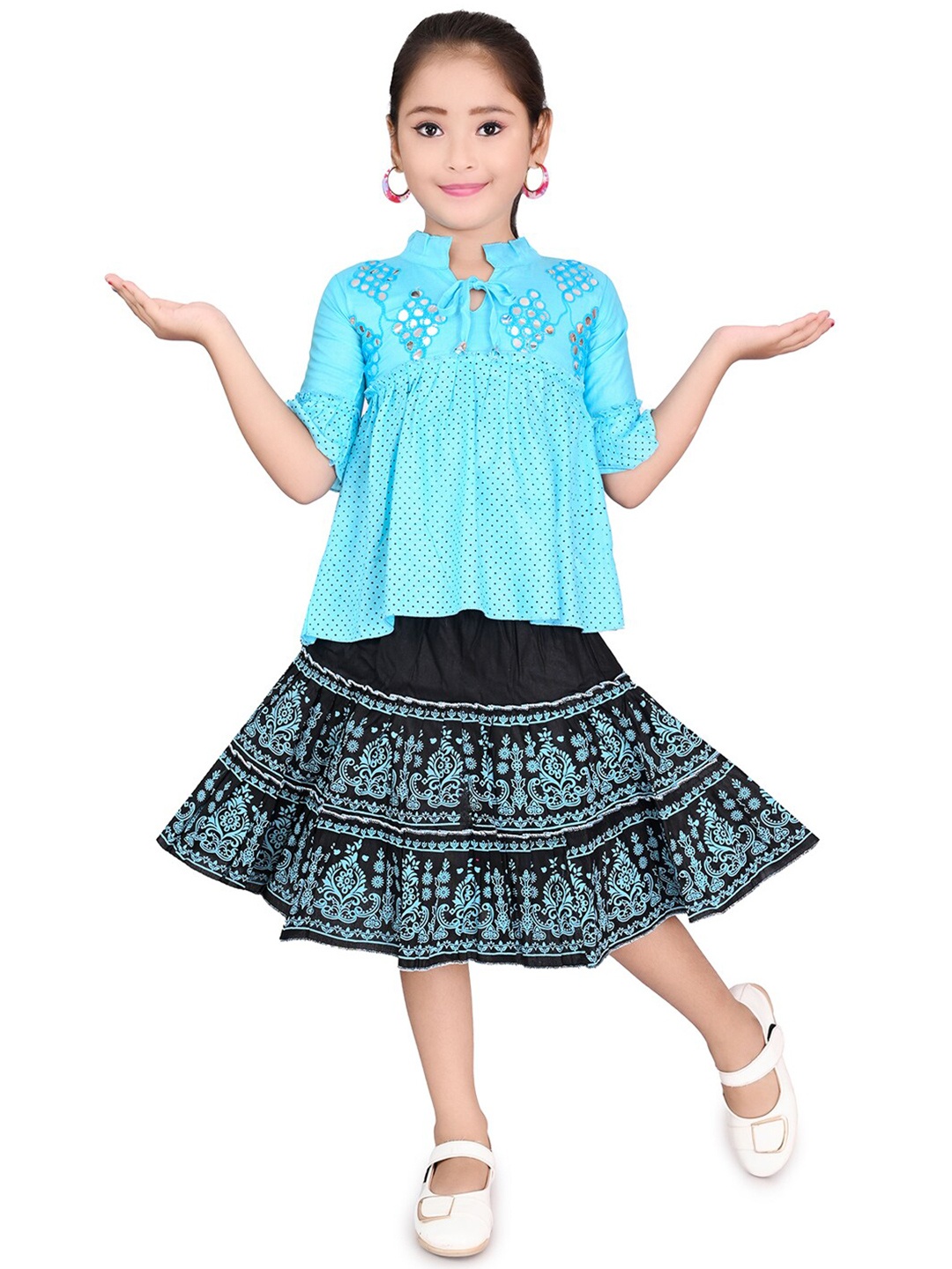 

BAESD Girls Printed Mandarin Collar Pure Cotton Top With Skirt, Turquoise blue