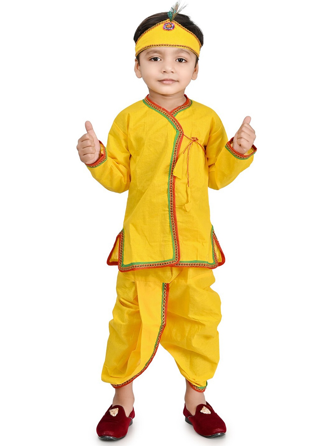 

BAESD Boys Boys Pure Cotton Shirt With Dhoti Pant 5 Pieces Krishna Costume, Yellow