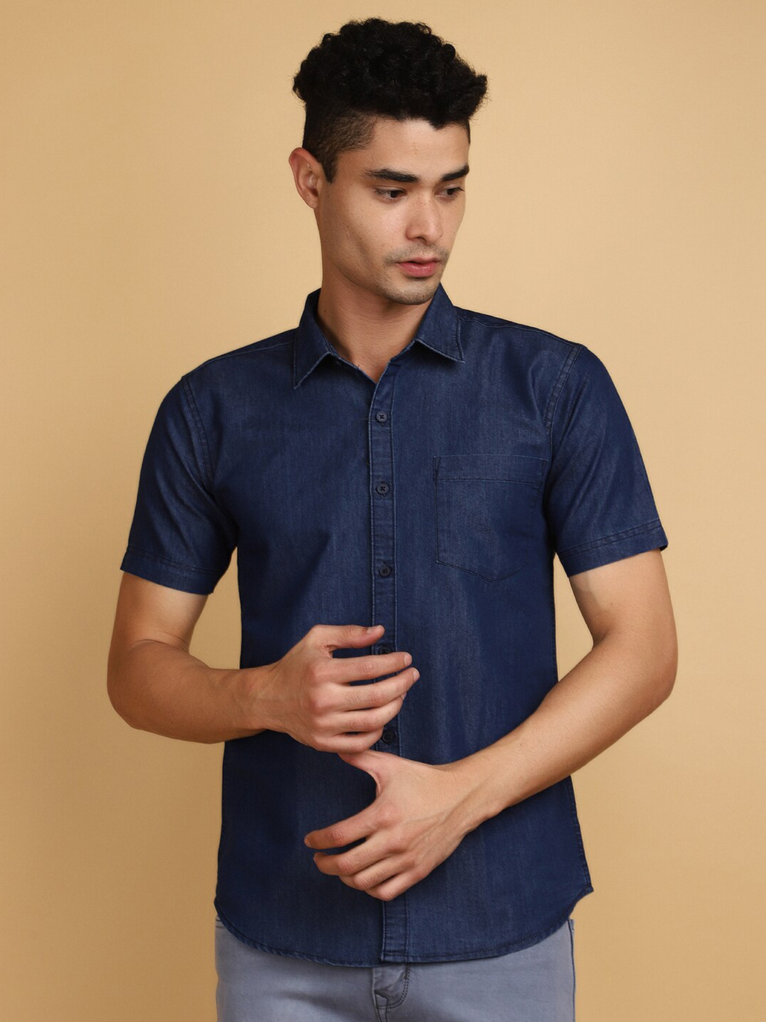 

V-Mart Slim Fit Spread Collar Short Sleeves Cotton Casual Shirt, Blue
