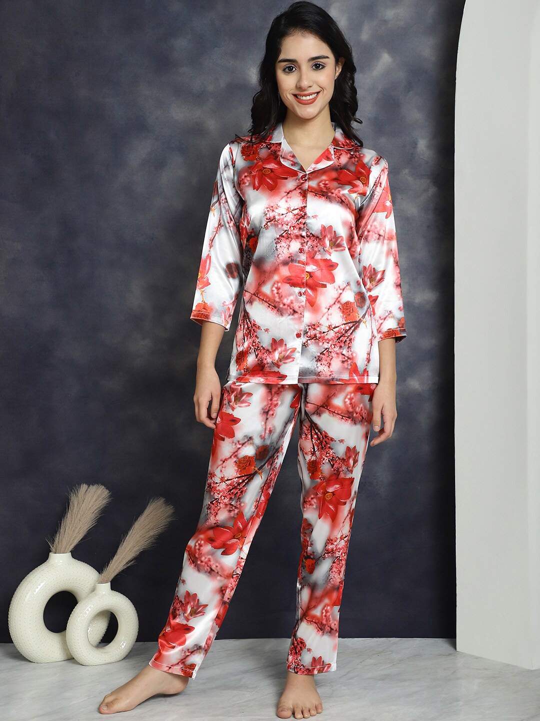 

Claura Grey Floral Printed Satin Night suit