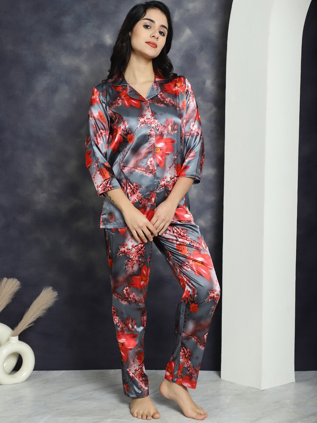 

Claura Grey Floral Printed Satin Night suit