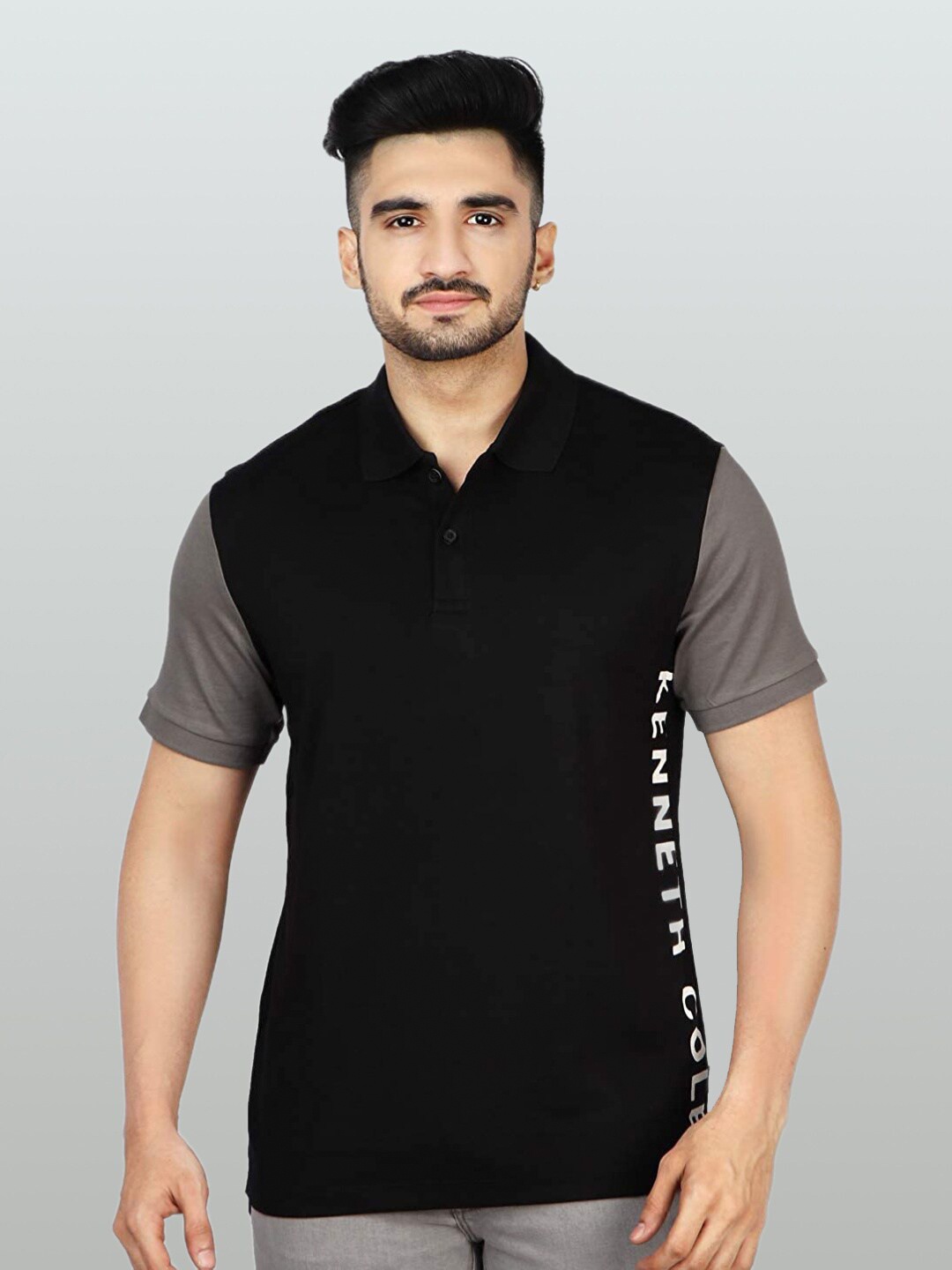 

Kenneth Cole Colourblocked Polo Collar Cotton Slim Fit T-shirt, Black