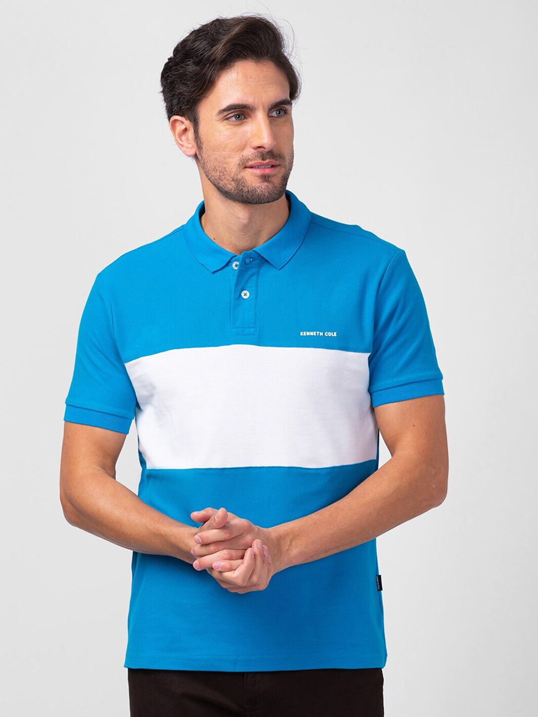

Kenneth Cole Colourblocked Polo Collar Cotton Slim Fit T-shirt, Blue