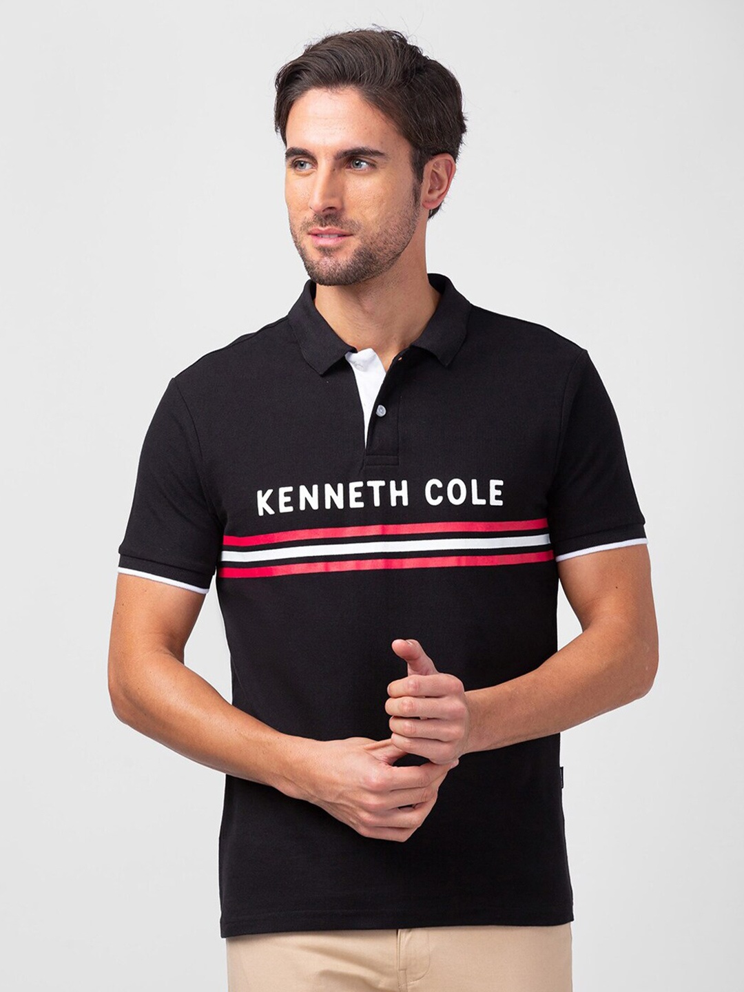 

Kenneth Cole Typography Printed Polo Collar Slim Fit Cotton T-shirt, Black