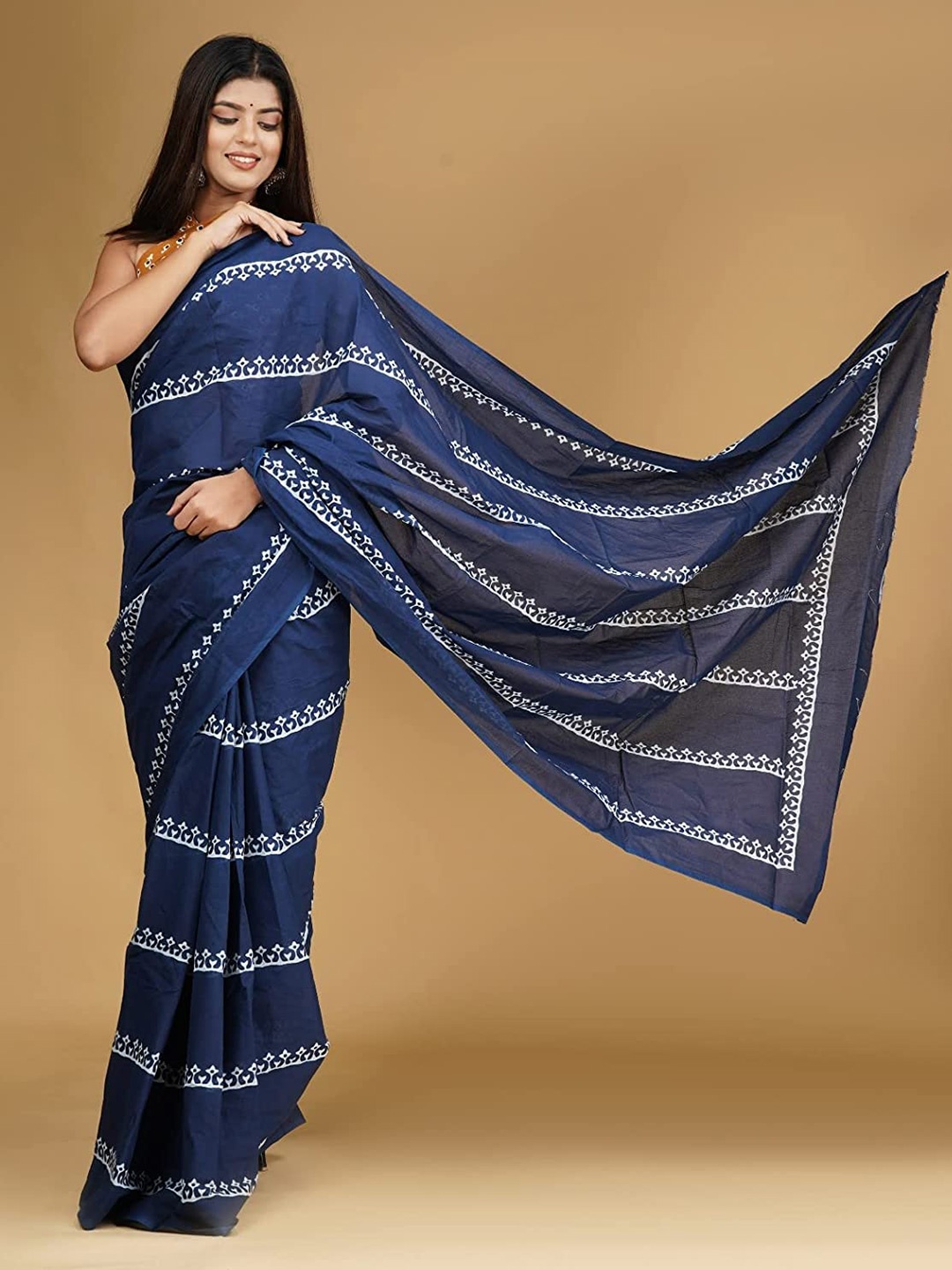 

Pinkcity Trade World Striped Pure Cotton Bagru Saree, Blue