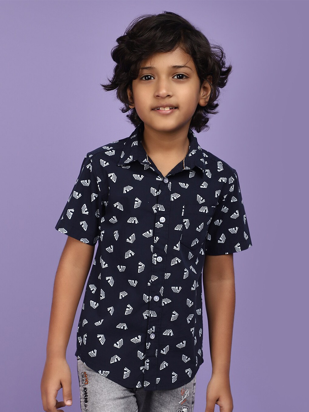 

V-Mart Boys Conversational Printed Cotton Casual Shirt, Navy blue