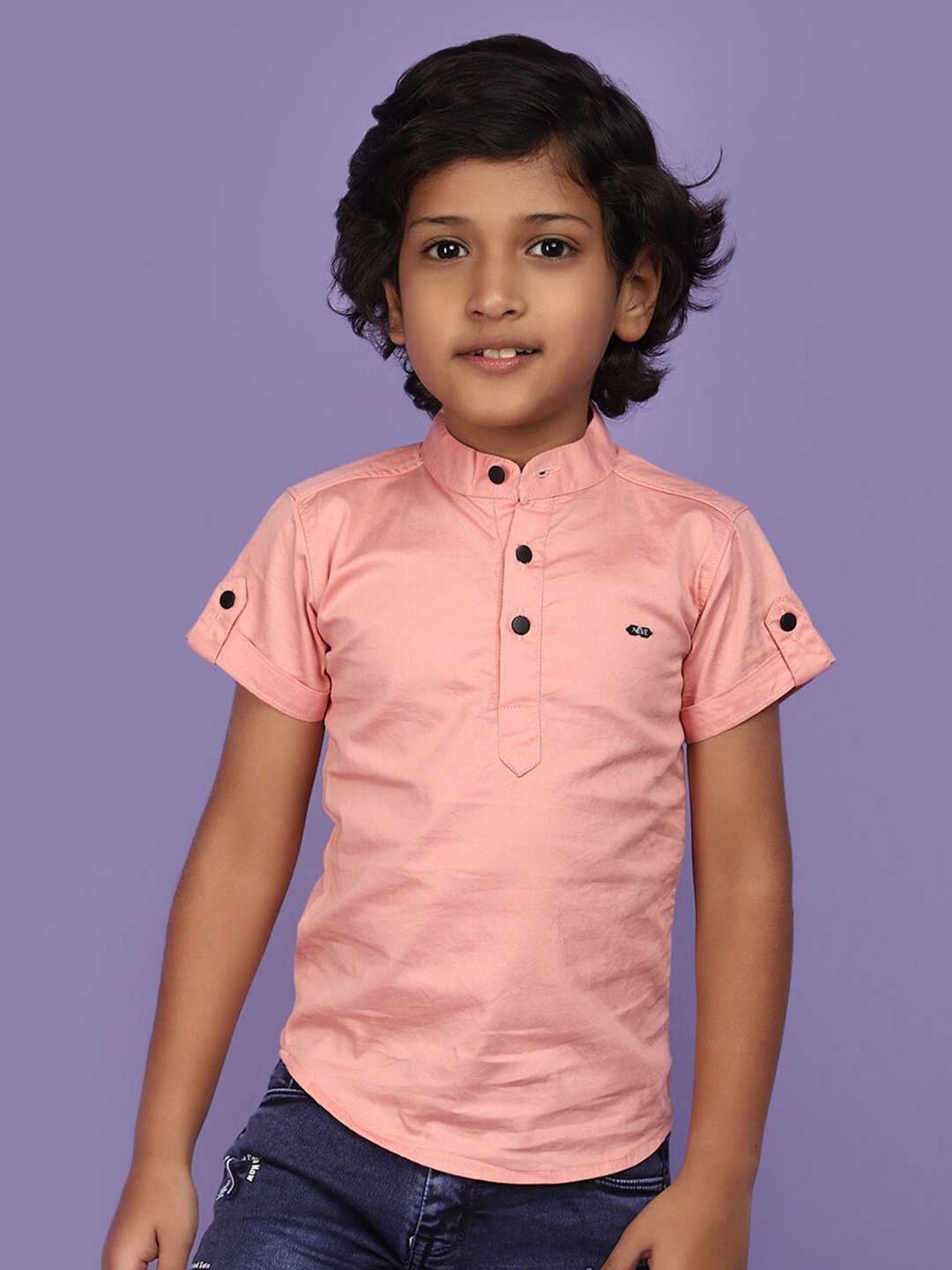 

V-Mart Boys Band Collar Short Roll Up Sleeves Cotton Casual Shirt, Orange