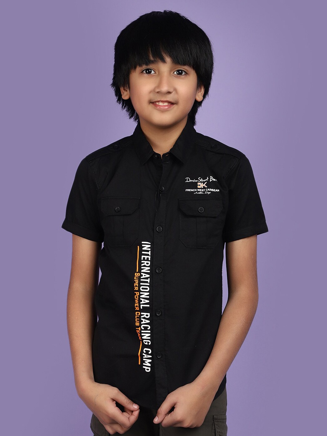 

V-Mart Boys Typography Printed Spread Collar Short Regular Sleeves Cotton Casual Shirt, Black