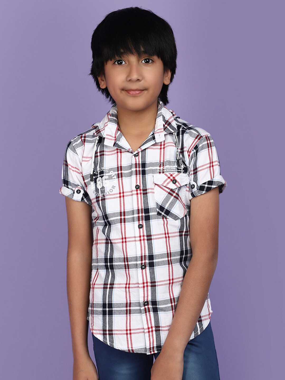 

V-Mart Boys Tartan Checked Hooded Roll-Up Sleeves Twill Weave Cotton Casual Shirt, White