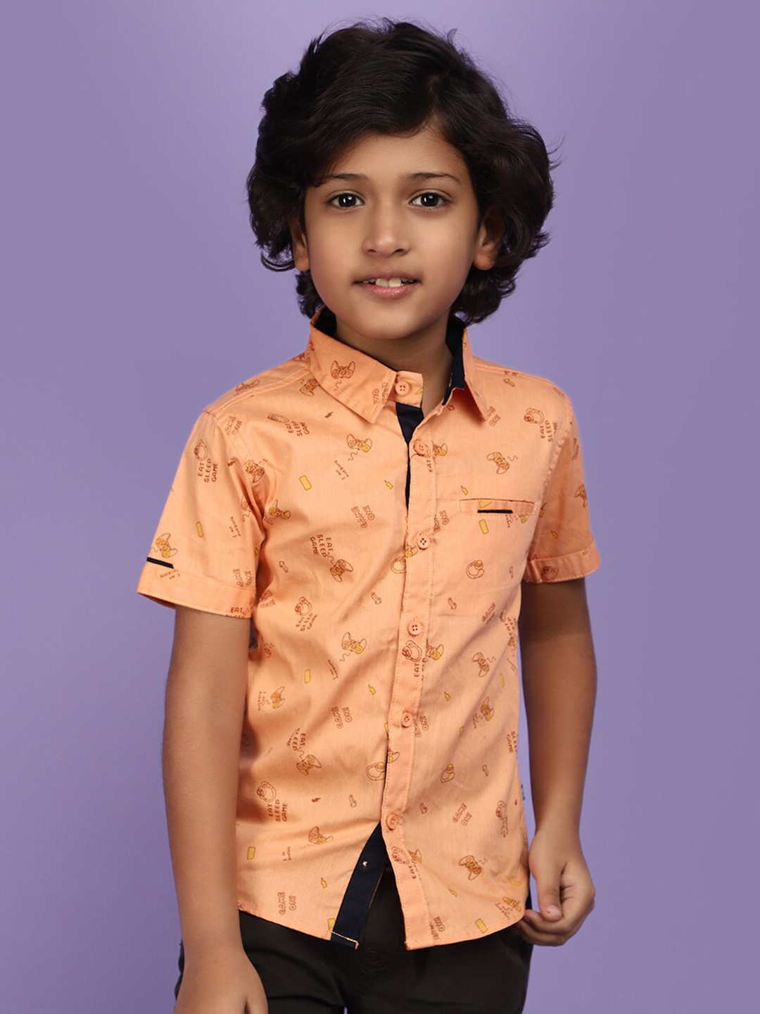 

V-Mart Boys Conversational Printed Spread Collar Cotton Casual Shirt, Peach