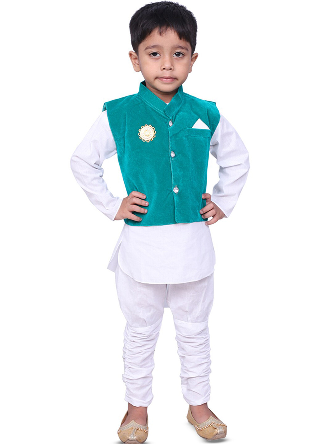 

BAESD Boys Regular Pure Cotton Kurta With Churidar & Nehru Jacket, White